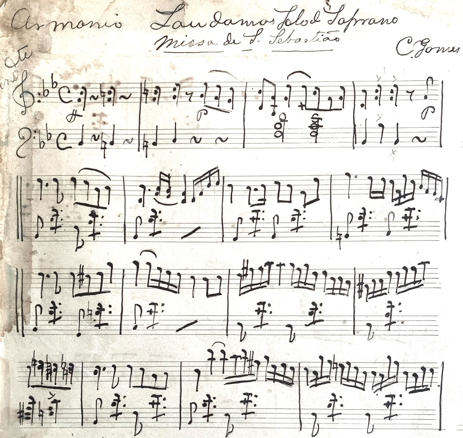 Parte para harmonium do Laudamus te da Missa S. Sebastião de A.Carlos Gomes de uso na irmandade dos Remédios em São Paulo. Obra considerada pela primeira vez por A.A.Bispo na década de 1960 e tratada em estudos e eventos desde então realizados. O Laudamus do jovem Carlos Gomes nas suas relações com o culto de S. Sehastião tornou-se obra de significado contudor de reflexões e estudos do compositor. Foi tratado em cursos, seminários e conferências em diversas ocasiões e contextos. 