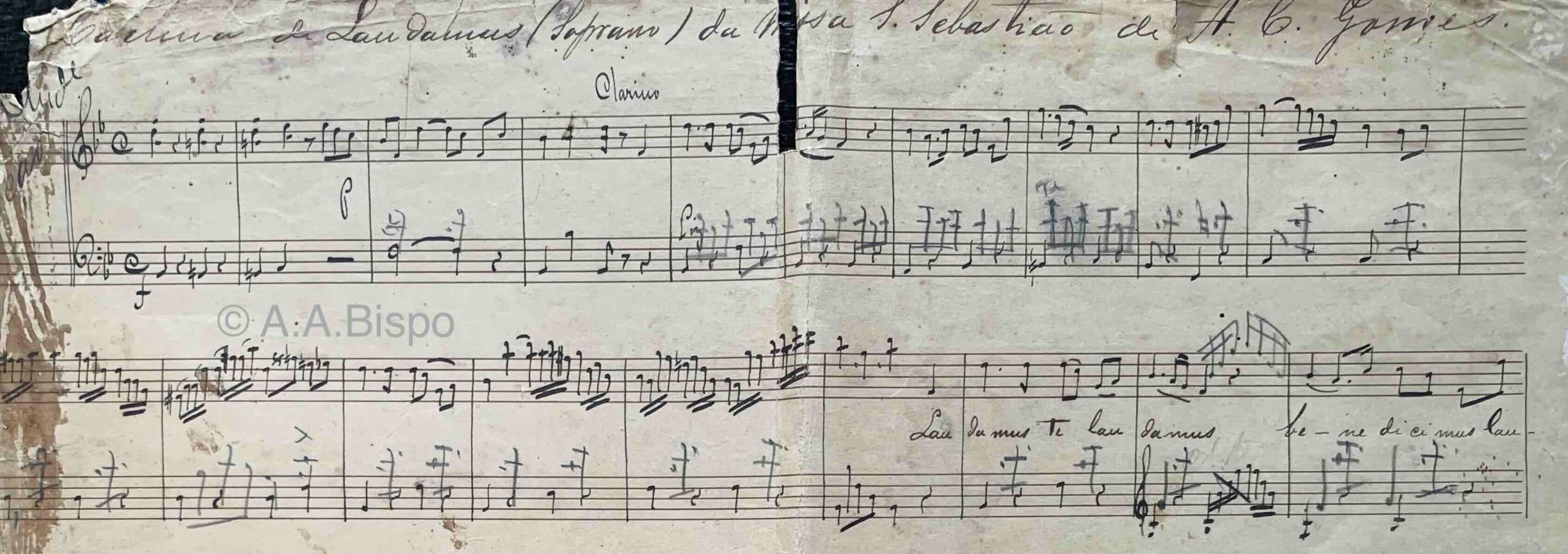 Laudamus te da Missa S. Sebastião de A.Carlos Gomes. Parte de regência. Descoberta no início da década de 1960 em S. Paulo em pesquisas de fontes por A.A.Bispo. Foi copiada em fins do século XIX por músico da irmandade de N.S. dos Remédios em São Paulo. A veneração do mártir Sebastião como guia dos exércitos brasileiros foi motivo da composição da obra pelo jovem Carlos Gomes em época de tensões no sul do Brasil- Sebastião foi venerado como protetor dos exércitos imperiais na Guerra do Paraguai. No século XX, a obra era executada por ocasião das festas do mártir Sebastiã na confraria dos Remédios de S. Paulo, marcada que foi pela presença de policiais e militares. O culto de S.Sebastião relaciona-se estreitamente com a cultura religiosa de Milão, centro de estudos e atuações de Carlos Gomes.